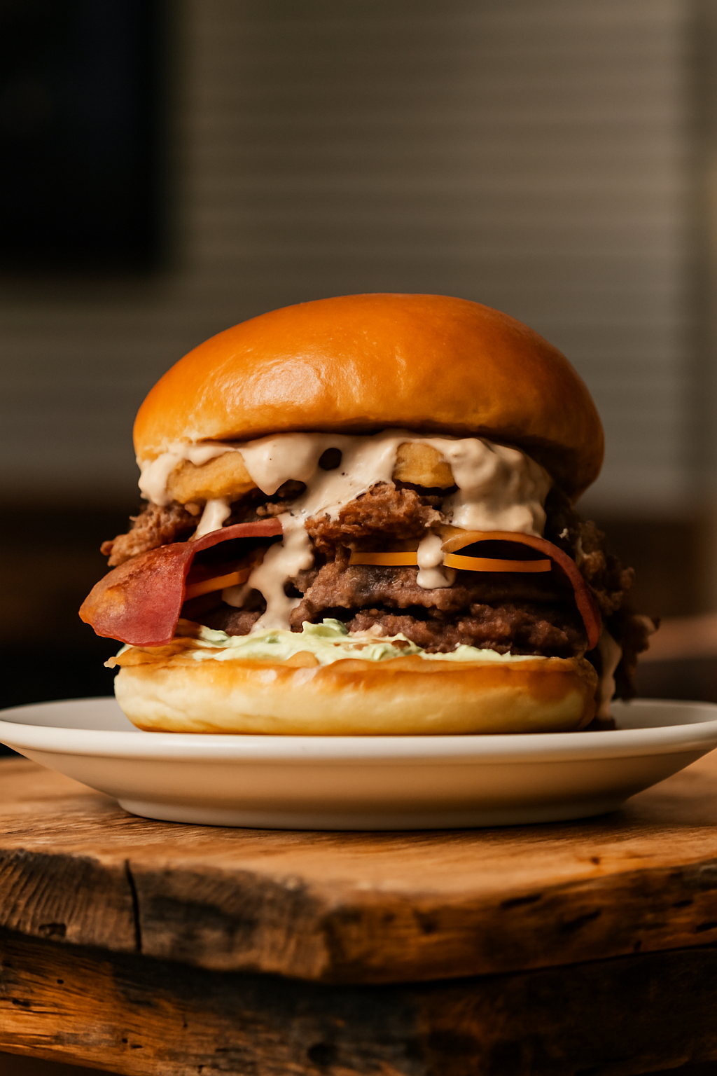 Moody close-up of a stacked burger on a wooden board