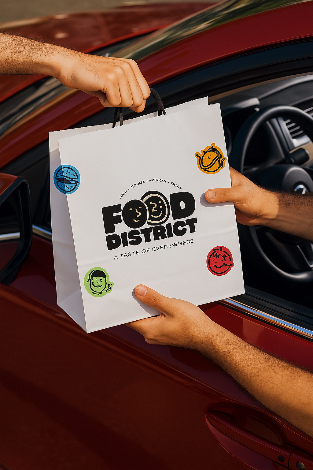 Food District delivery bag handed through a car window